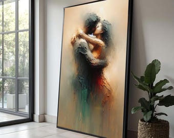 Embrace of Love Abstract Canvas, Romantic Couple Wall Art, Painting, Intimate Hug Canvas, Passionate Home Decor, Modern Love Artwork