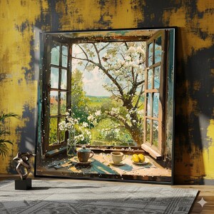 Puede incluir: Una pintura enmarcada representa una escena de ventana con vista a un árbol floreciente y un paisaje verde. Una mesa en primer plano tiene una taza de té, una taza de café y limones. La obra de arte está colocada contra una pared texturizada amarilla y negra.