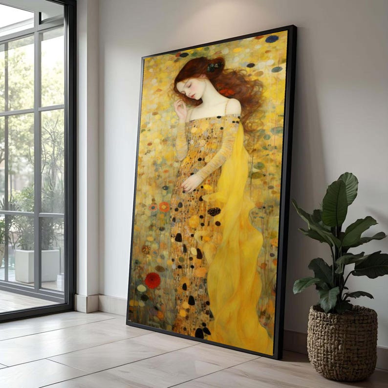 Gustav Klimt Woman in Yellow Dress Canvas, Elegant Art Nouveau Wall Art ...