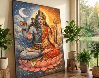 Shiva Shakti Duality Canvas Wall Art, Hindu Deities Painting, Spiritual Balance Artwork, Yoga Meditation Decor, Sacred Lotus Illustration