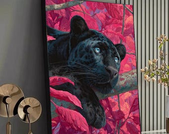 Majestätisch Schwarzer Panther Leinwand Wandkunst, Blaue Augen Wildtier Gemälde, Exotisches Tier Dekor, Lebendiges Rosa Laub Natur Leinwand, Fertig zum Aufhängen