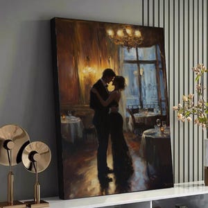Quadro de casal romântico se abraçando, cena elegante de salão de baile, arte de parede em estilo vintage, pintura de dança íntima, decoração de amor e romance.