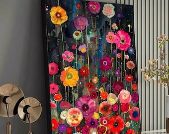 Gustav Klimt Style Canvas, Vibrant Wildflower Bloom Canvas, Colorful Floral Wall Art, Abstract Garden Painting