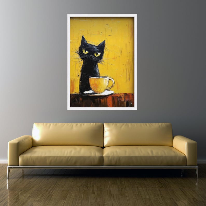 Gatto nero con tazza da caffè gialla su tela, stravagante opera d'arte murale, dipinto moderno di gatti, tela astratta di animali, accogliente arredamento per la casa, pronta da appendere immagine 7