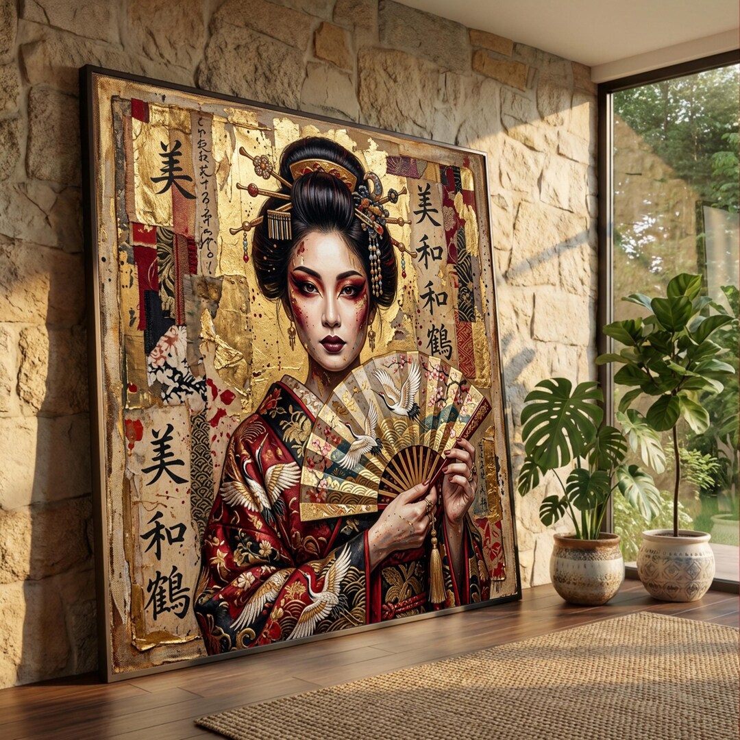 Elegant Japanese Geisha Portrait Canvas, Traditional Kimono Wall Art ...