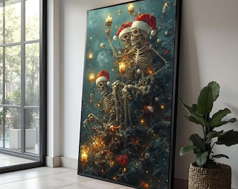 Gothic Christmas Skeletons Canvas, Dark Holiday Wall Art, Santa Hat Skeleton Canvas, Unique Seasonal Decoration, Spooky Festive Canvas Art