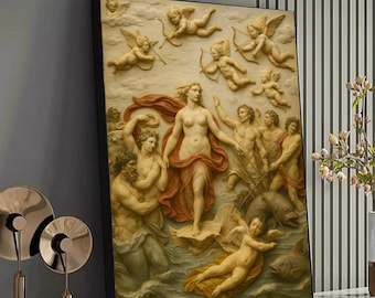 Classical Mythology Canvas Wall Art, Renaissance Style Angel and Goddess Sculpture, Vintage Art Print, Baroque Home Decor, Fine Art Canvas