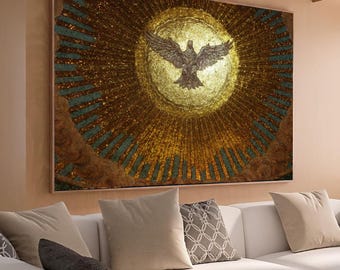 Gouden Heilige Geest duif mozaïek canvas, religieuze muurkunst, spiritueel symbool canvas, inspirerend huisdecor, heilige vogel ontwerp
