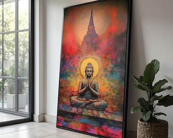 Meditating Buddha Canvas Wall Art, Spiritual Zen Meditation Home Decor, Colorful Abstract Buddha Painting, Peaceful Mindfulness Canvas,