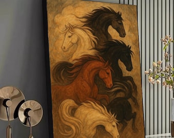 Lienzo decorativo de caballos al galope, estampado ecuestre, pintura rústica de caballo marrón y negro, decoración natural para el hogar, listo para colgar.