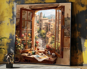 地中海の村の窓の景色の絵画 - 花と家のあるイタリアの街並みの風景