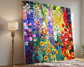 Gustav Klimt Flowers Canvas,Vibrant Wildflower Garden Canvas, Colorful Floral Wall Art, Abstract Nature Painting, Bright Summer Flowers