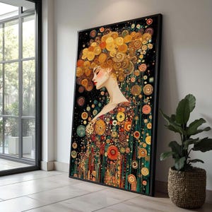Gustav Klimt Gyllene virvlar Kvinnaporträtt Canvas, Modern konst Väggdekor, Abstrakt Blommönster Canvas, Elegant Heminredning