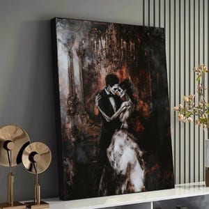May include: A framed canvas art print shows a skeletal couple dancing in a ballroom. The man is in a tuxedo, and the woman wears a white gown. A chandelier hangs above them, and the background is a dark, ornate interior.