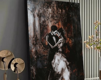 Tela com tema gótico de casamento com esqueletos, arte romântica sombria para casais, decoração de parede de Halloween com esqueletos apaixonados, tela elegante com cena de salão de baile.