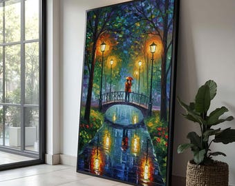 Romantic Couple on Bridge Canvas, Evening Park Scene, Impressionist Landscape Wall Art, Lamp Light Reflection, Cozy Love Canvas Decoration