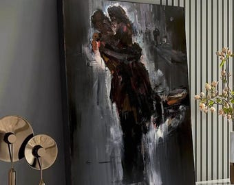 Romantisch paar omarmen canvas, abstracte liefde schilderij, intieme knuffel kunst aan de muur, modern interieur, canvas emotionele expressie