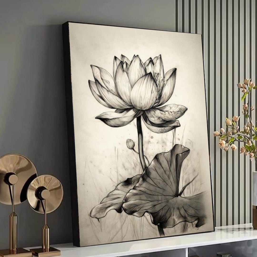 Elegant Black and White Lotus Flower Canvas, Botanical Wall Art ...