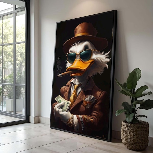 Cool Duck Gangster Canvas, Vintage Duck with Cigar Wall Art, Retro Animal Character Decor, Money & Style Canvas Art, Home Office Decoration