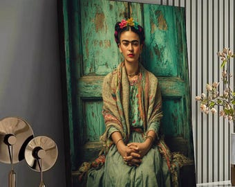 Levendige Frida portret canvas, vintage Mexicaanse volkskunst, kleurrijke traditionele kleding, boho kunst aan de muur, rustieke deur achtergrond, klaar om