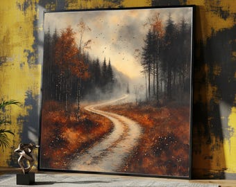 Lienzo decorativo de sendero otoñal en el bosque, pintura rústica de paisaje, decoración de bosque brumoso, lienzo de sendero natural, tapiz de árboles otoñales