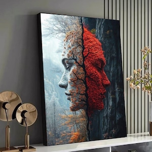 Könnte beinhalten: Leinwanddruck mit einem surrealen Bild eines Gesichts, das mit einem Baum verschmilzt. Die linke Seite des Gesichts hat eine steinartige Textur, während die rechte Seite leuchtend rot ist. Der Hintergrund zeigt einen nebligen Wald.