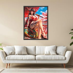 Lienzo de guerrera geisha japonesa, arte de flor de cerezo Sakura, mujer tatuada con katana, decoración de pared con kimono rojo, arte asiático en lienzo imagen 3