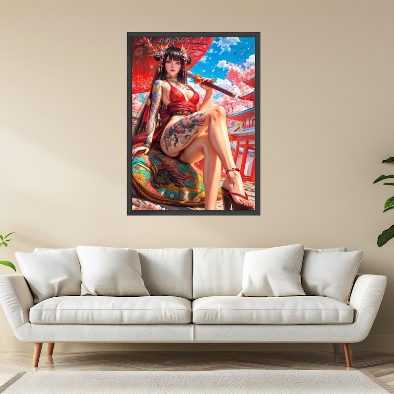 Lienzo de guerrera geisha japonesa, arte de flor de cerezo Sakura, mujer tatuada con katana, decoración de pared con kimono rojo, arte asiático en lienzo imagen 3