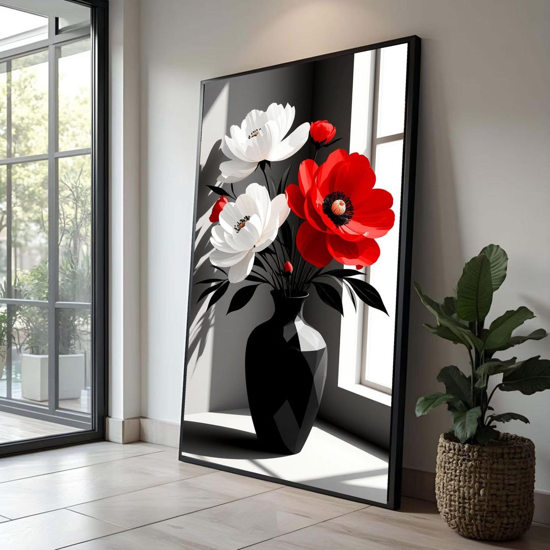 Bold Red and White Poppies Canvas Wall Art, Modern Floral Vase Decor ...