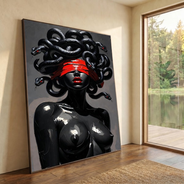 Medusa Mythology Canvas Wall Art, Black Snake Hair Portrait, Red Blindfold Illustration, Dark Fantasy Home Decor, Gothic Mythical Canvas