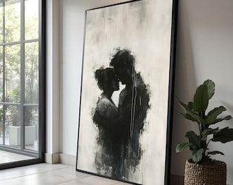 Romantic Embrace Silhouette Canvas, Black and White Love Art, Couple Abstract Painting, Intimate Wall Decor, Modern Canvas Artwork