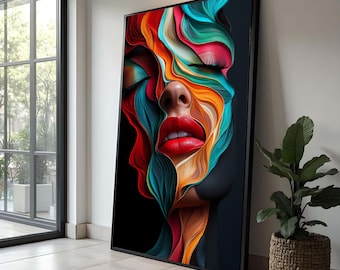 Abstract Female Face Canvas, Colorful Swirl Portrait Art, Modern Wall Decor, Vibrant Expression Canvas, Creative Home Decoration