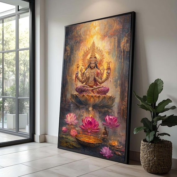 Radiant Hindu Goddess Canvas Wall Art, Lakshmi Sitting on Lotus, Spiritual Divine Painting, Meditation Decor, Bohemian Sacred Art Print