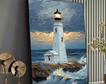Coastal Lighthouse Canvas Wall Art, Ocean Waves Canvas, Nautical Home Decor, Seaside Painting, Marine Landscape, Ready to Hang Wall Art