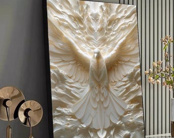 May include: A framed canvas art print featuring a white dove with outstretched wings. The dove is rendered in a textured, three-dimensional style, with detailed feathering. The artwork is set against a neutral background, creating a striking visual contrast.