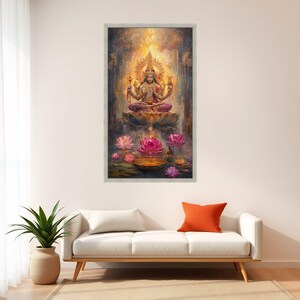 Radiant Hindu Goddess Canvas Wall Art, Lakshmi Sitting on Lotus, Spiritual Divine Painting, Meditation Decor, Bohemian Sacred Art Print image 4
