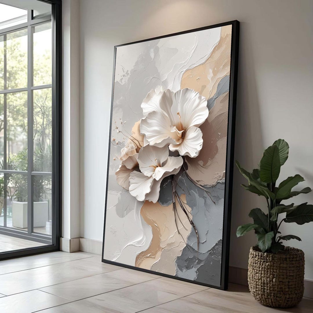 Elegant White Floral Canvas Wall Art, Neutral Abstract Texture, Modern ...