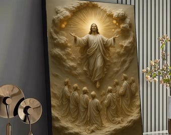 Ascension of Jesus Christian Wall Art Canvas Print, Christ Rising to Heaven with Apostles Biblical Religious Canvas Decor