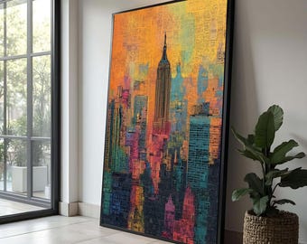 Colorful New York Skyline Wall Art Canvas Print, Empire State Building Abstract Cityscape Painting Modern Urban Home Decor