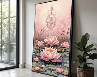 Tranquil Pink Lotus Flowers Canvas, Water Lily Pond Wall Art, Floral Botanical Canvas Decor, Zen Nature Painting, Calming Home Decoration
