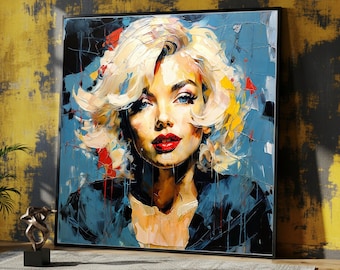 May include: A framed portrait of a woman with blonde hair, blue eyes, and red lipstick. The artwork features a vibrant, textured style with a blue, yellow, and black background. The woman is wearing a dark blue jacket.