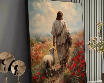 Jesús, el Buen Pastor, caminando con un cordero, arte mural cristiano, lienzo con un paisaje bíblico apacible, decoración religiosa.