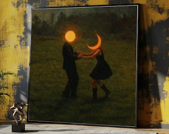 Surreal Moon and Sun Dance, Abstract Couples Canvas, Fantasy Night Wall Art, Romantic Glow Canvas, Dark Evening Decoration