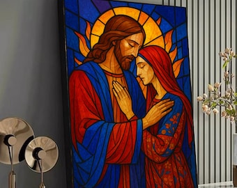 Jesus and Mary Stained Glass Style Christian Wall Art Canvas Print, Sacred Love Biblical Religious Church Home Decor Gift Artwork