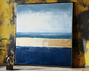 Abstract Ocean Horizon Canvas Wall Art, Mark Rothko Blue and Beige Modern Painting, Large Contemporary Canvas for Home Decor
