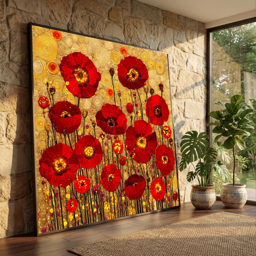 Vibrant Red Poppies Canvas, Gustav Klimt Style Floral Wall Art ...