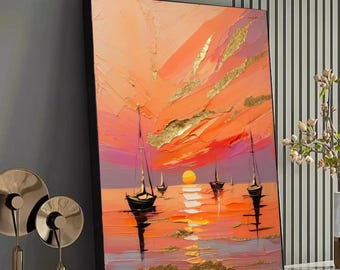 Sunset Sailboats Canvas Wall Art, Abstract Ocean Landscape, Gold Accent Seascape Painting, Modern Nautical Home Decor, Canvas Print