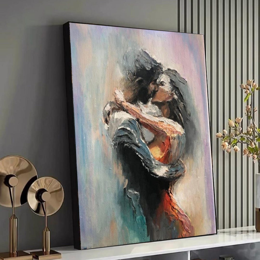 Romantic Embrace Couple Canvas, Abstract Lovers Wall Art, Painting ...