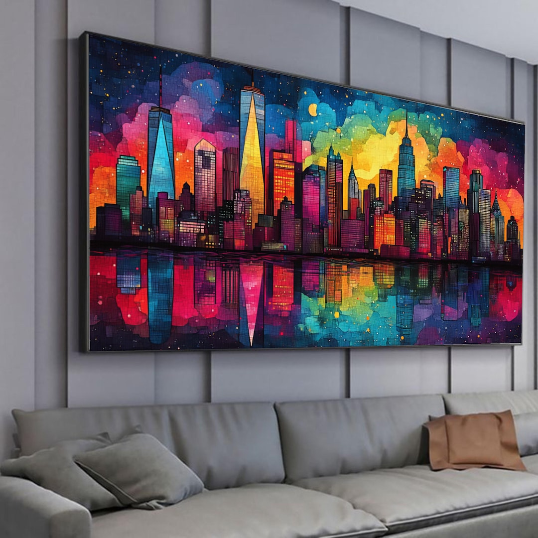 Vibrant Cityscape Canvas Wall Art, Colorful Skyline Reflection, Modern ...