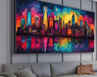 Vibrant Cityscape Canvas Wall Art, Colorful Skyline Reflection, Modern Urban Decor, Abstract City Painting, Night City Lights Canvas